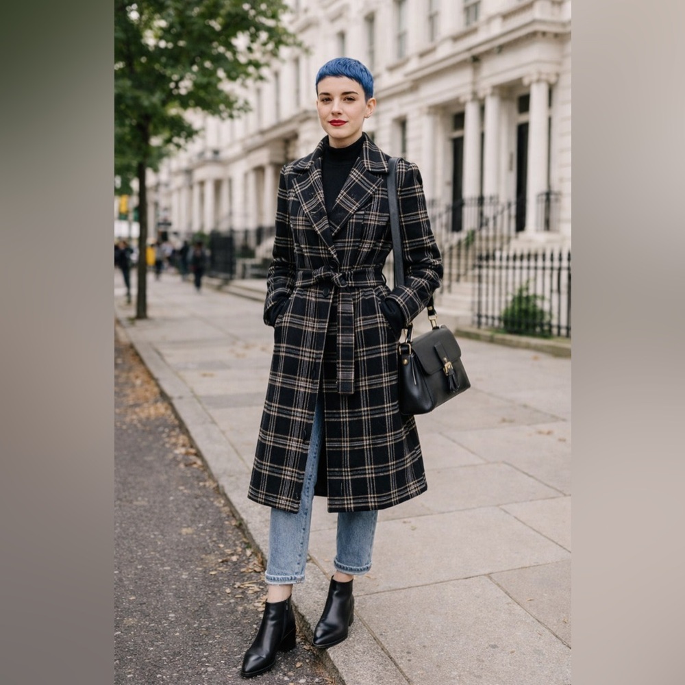 Le Chateau Black White Plaid Coat Women’s M, Mid Length, Pockets, Made in Canada